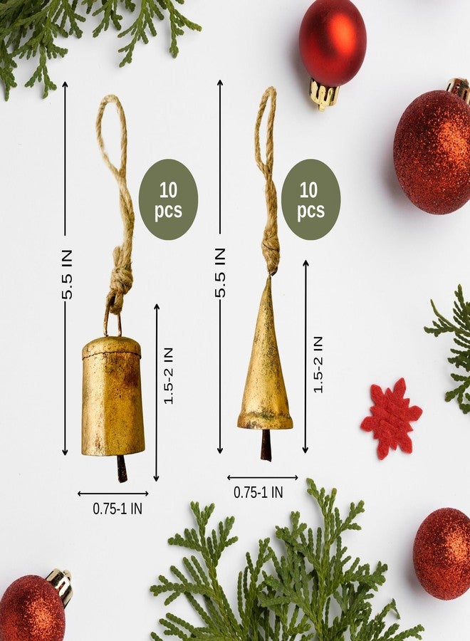 Mie Creations Set of 20 Rustic Vintage Tin Bells, Handmade Christmas Bells on Jute Rope, Decorative Christmas Tree Ornaments, 2inch Jingle Bells for Crafts, Metal Hanging Wreath Cowbells- Antique Gold - Image 3